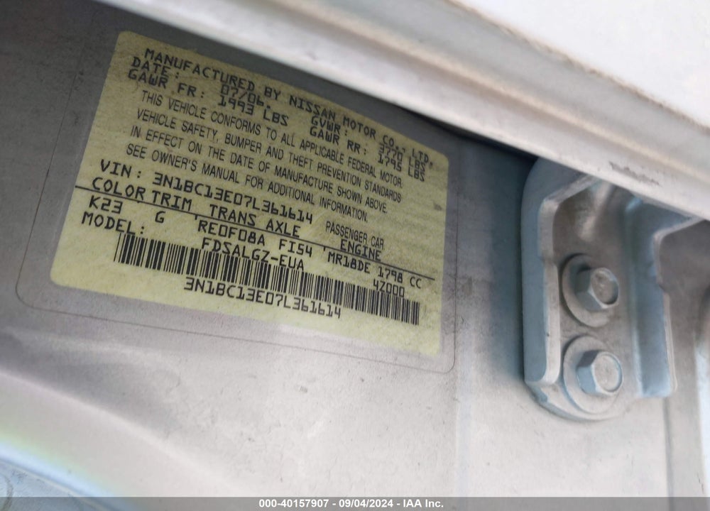 2007 NISSAN VERSA 1.8SL VIN: 3N1BC13E07L361614