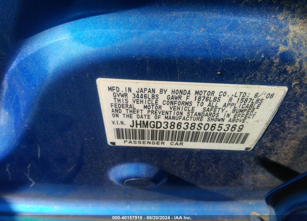 2008 HONDA FIT SPORT VIN: JHMGD38638S065369