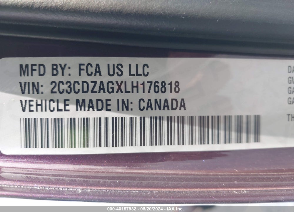 2020 DODGE CHALLENGER SXT VIN: 2C3CDZAGXLH176818