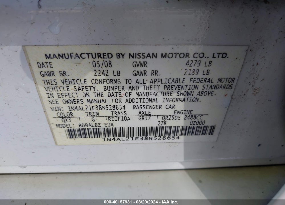 2008 NISSAN ALTIMA 2.5/2.5S VIN: 1N4AL21E38N528654