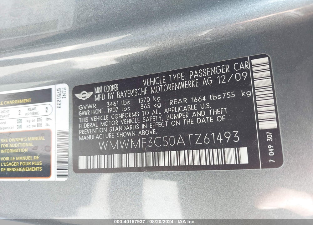 2010 MINI COOPER VIN: WMWMF3C50ATZ61493