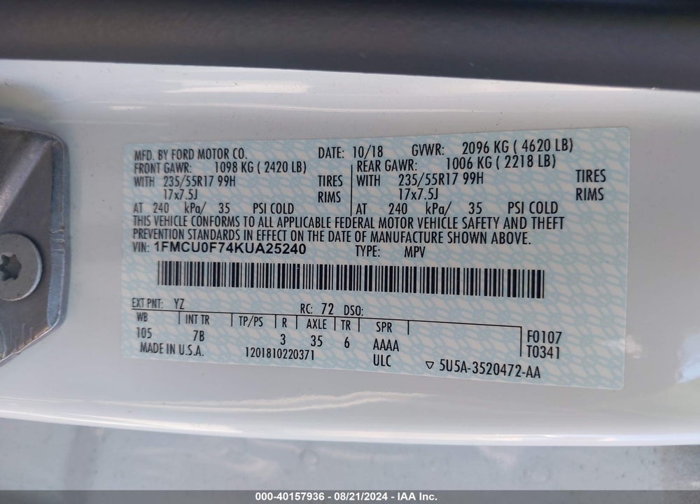 2019 FORD ESCAPE VIN: 1FMCU0F74KUA25240