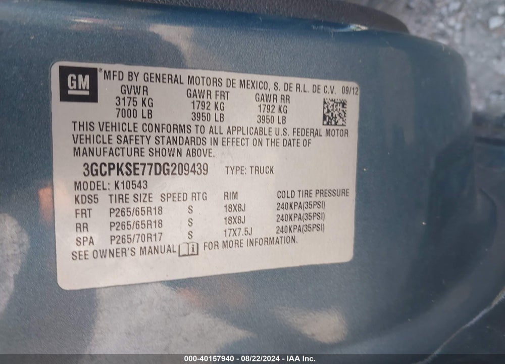 2013 CHEVROLET SILVERADO 1500 LT VIN: 3GCPKSE77DG209439
