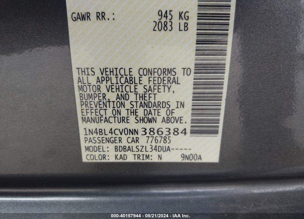 2022 NISSAN ALTIMA SR FWD VIN: 1N4BL4CV0NN386384