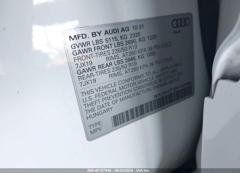 2022 AUDI Q3 PREMIUM 40 TFSI QUATTRO TIPTRONIC VIN: WA1AUCF36N1037965