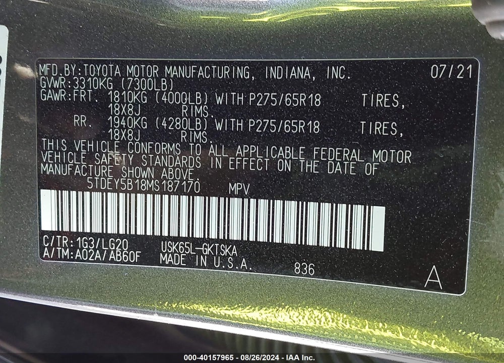2021 TOYOTA SEQUOIA TRD PRO VIN: 5TDEY5B18MS187170