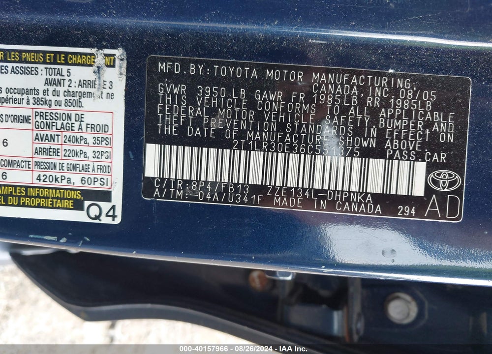 2006 TOYOTA MATRIX/XR VIN: 2T1LR30E36C551375