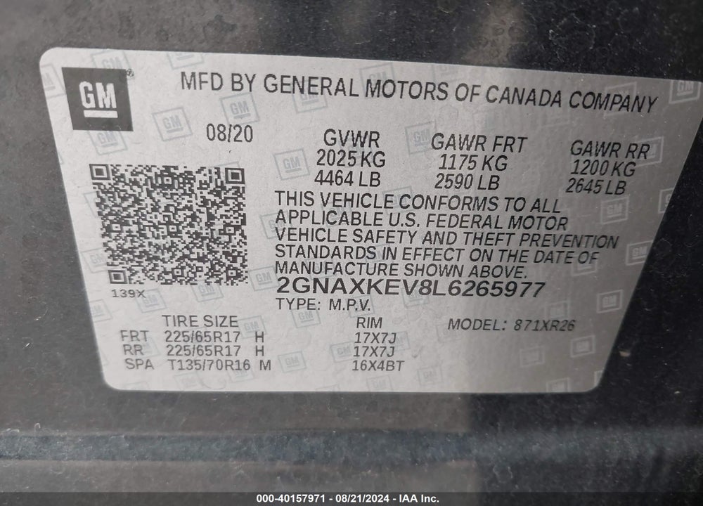 2020 CHEVROLET EQUINOX FWD LT 1.5L TURBO VIN: 2GNAXKEV8L6265977
