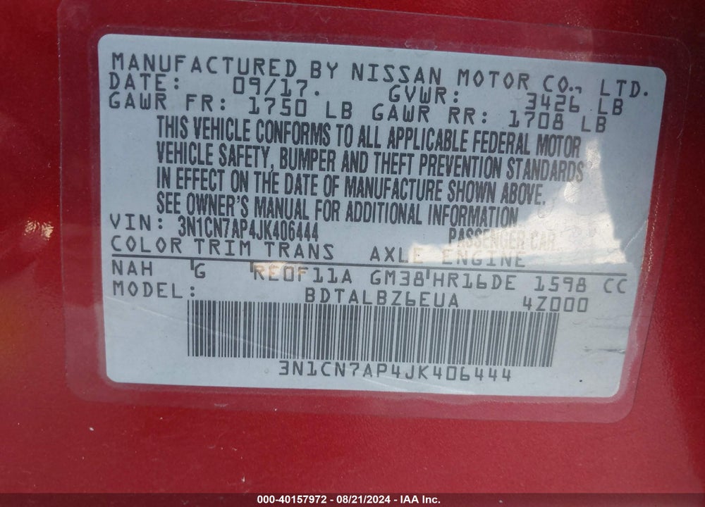 2018 NISSAN VERSA VIN: 3N1CN7AP4JK406444