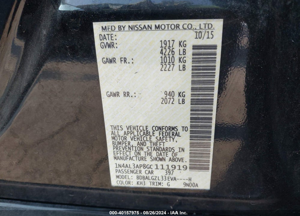 2016 NISSAN ALTIMA 2.5 S VIN: 1N4AL3AP8GC111919