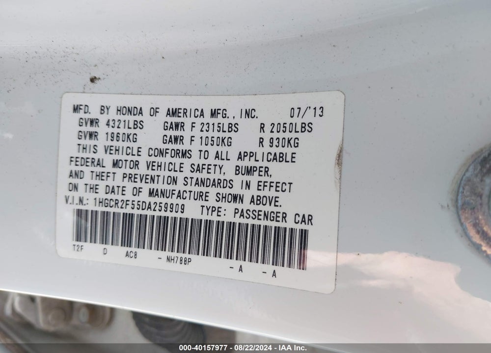 2013 HONDA ACCORD SPORT VIN: 1HGCR2F55DA259909
