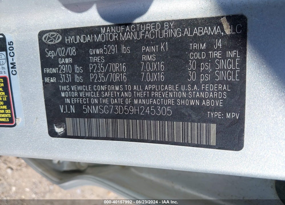 2009 HYUNDAI SANTA FE GLS VIN: 5NMSG73D59H245305