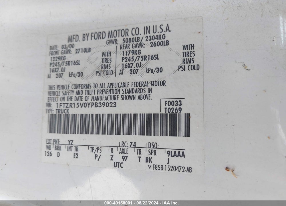 2000 FORD RANGER XL/XLT VIN: 1FTZR15V0YPB39023