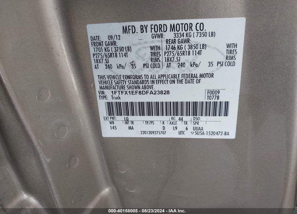 2013 FORD F-150 XLT VIN: 1FTFX1EF8DFA23828
