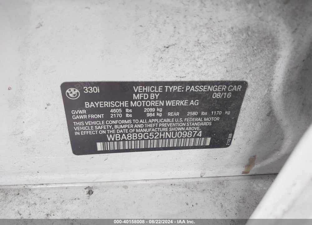 2017 BMW 330I VIN: WBA8B9G52HNU09874