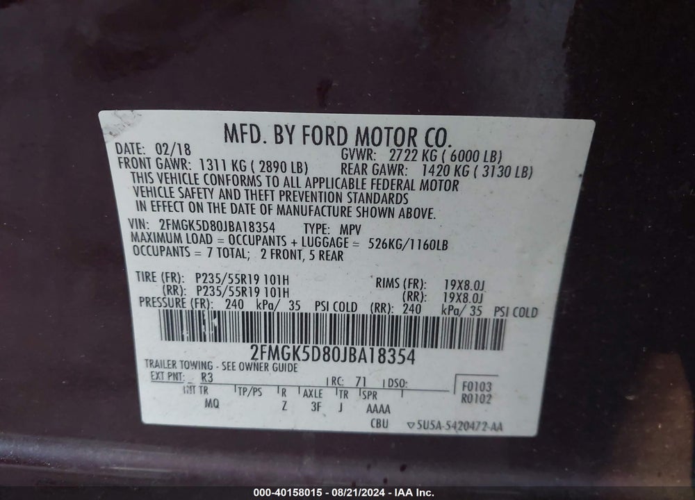 2018 FORD FLEX LIMITED VIN: 2FMGK5D80JBA18354