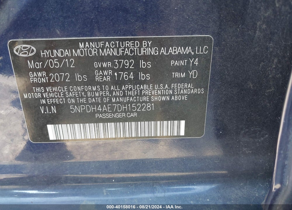 2013 HYUNDAI ELANTRA LIMITED VIN: 5NPDH4AE7DH152281