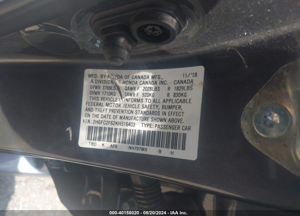 2019 HONDA CIVIC LX VIN: 2HGFC2F62KH516403