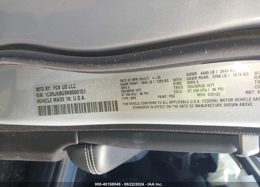 2022 JEEP GRAND CHEROKEE L LIMITED 4X4 VIN: 1C4RJKBG9N8560151