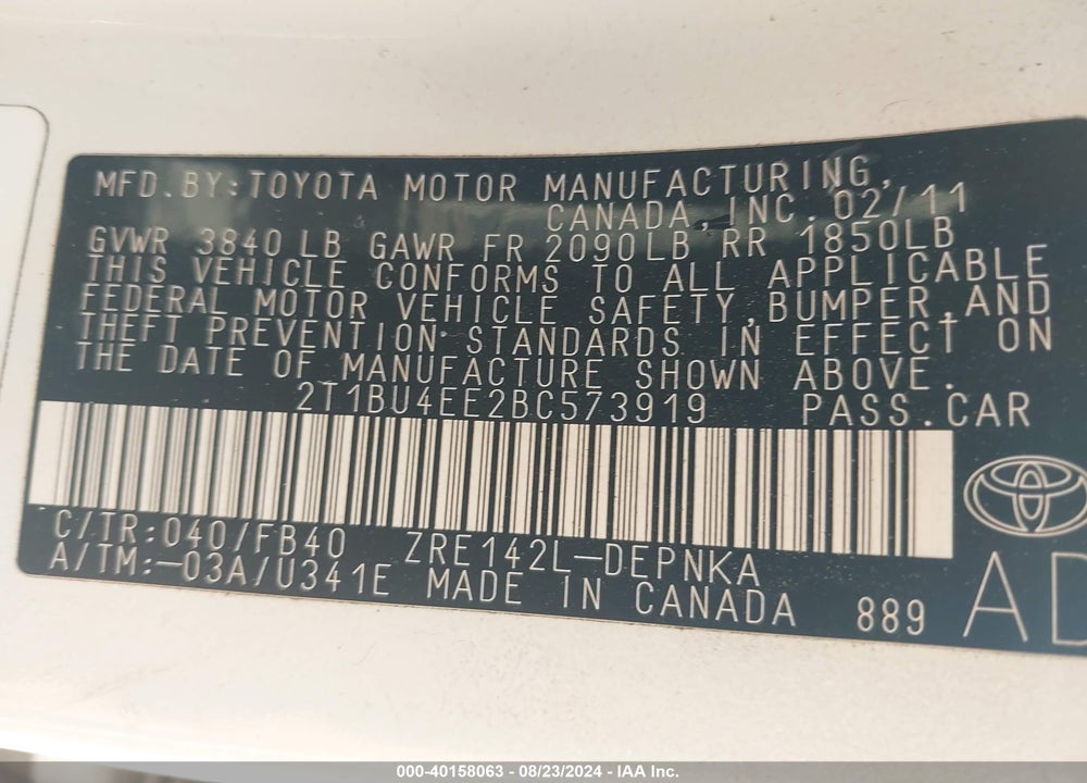 2011 TOYOTA COROLLA LE VIN: 2T1BU4EE2BC573919