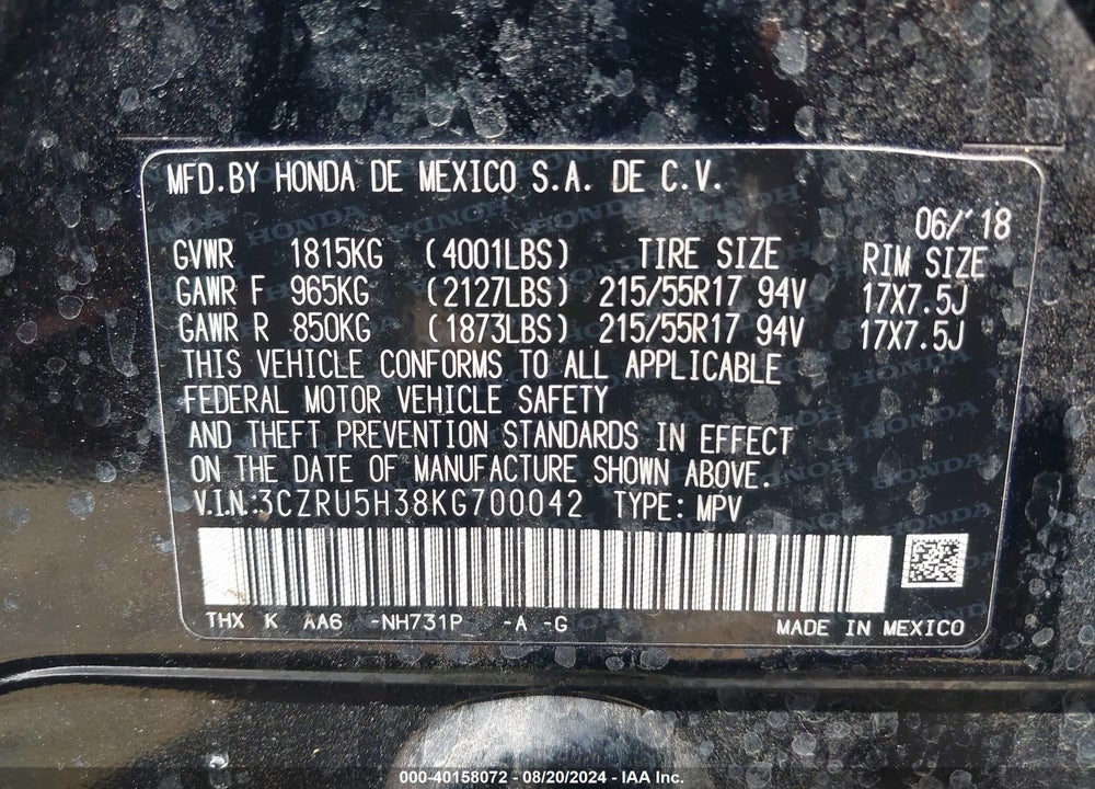 2019 HONDA HR-V LX VIN: 3CZRU5H38KG700042