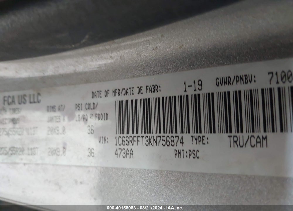2019 RAM 1500 VIN: 1C6SRFFT3KN756874