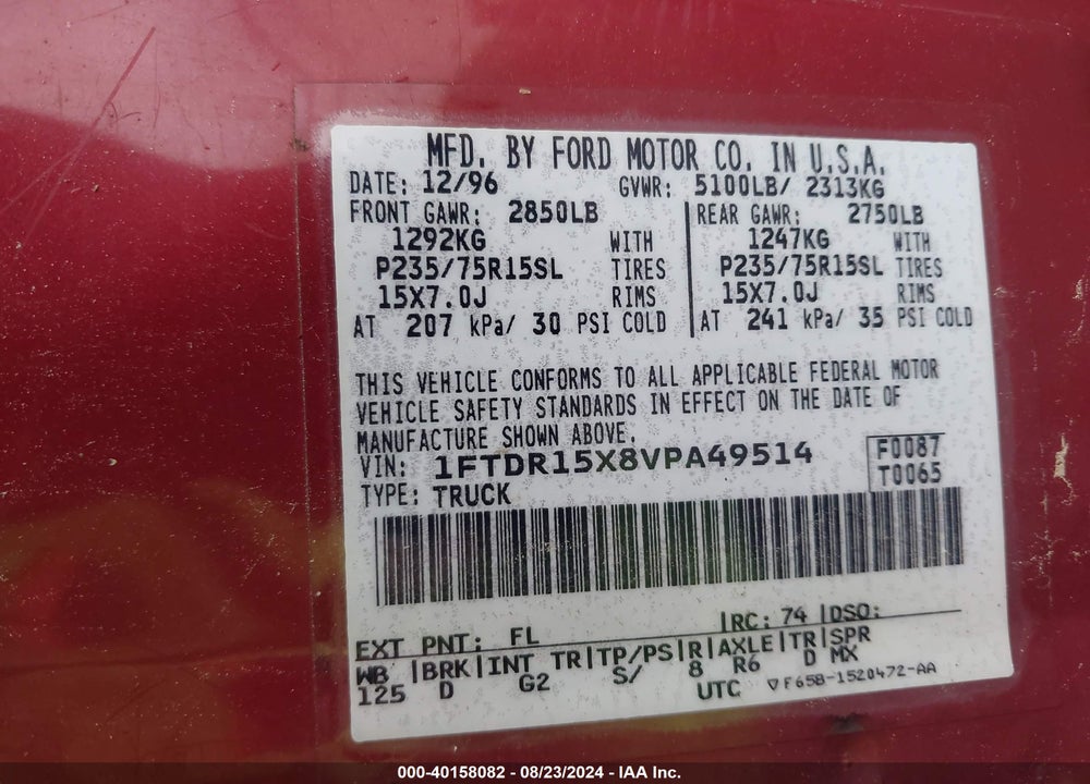 1997 FORD RANGER SPLASH/STX/XLT VIN: 1FTDR15X8VPA49514