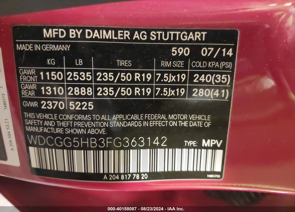 2015 MERCEDES-BENZ GLK 350 VIN: WDCGG5HB3FG363142