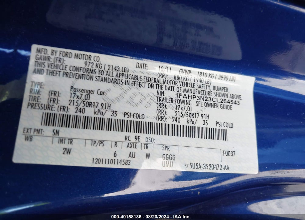 2012 FORD FOCUS TITANIUM VIN: 1FAHP3N23CL264543