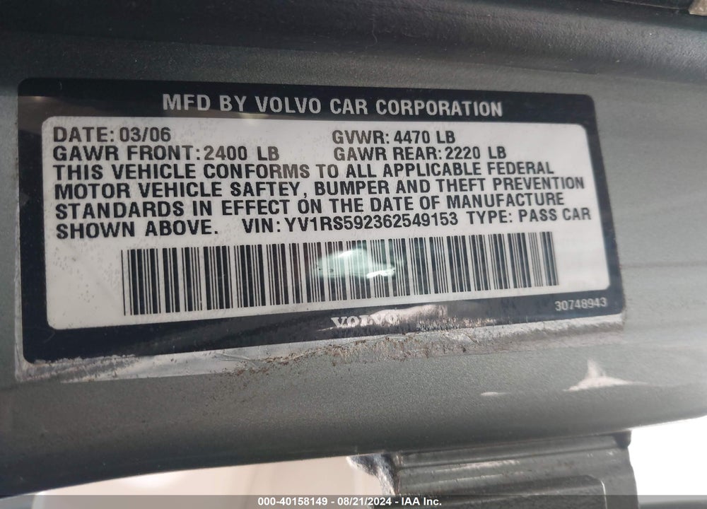 2006 VOLVO S60 2.5T VIN: YV1RS592362549153