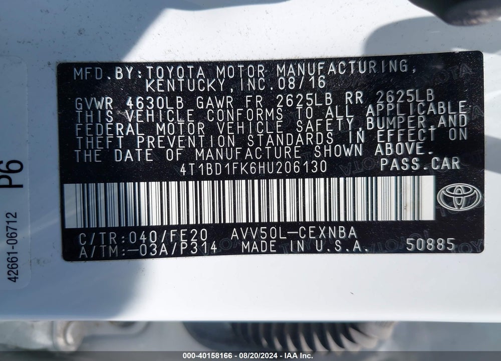 2017 TOYOTA CAMRY HYBRID LE VIN: 4T1BD1FK6HU206130