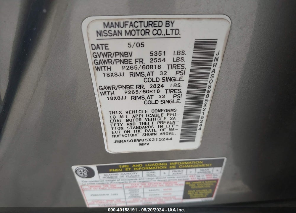 2005 INFINITI FX35 VIN: JNRAS08W85X215244