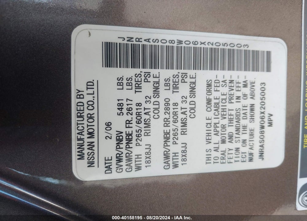 2006 INFINITI FX35 VIN: JNRAS08W06X205003
