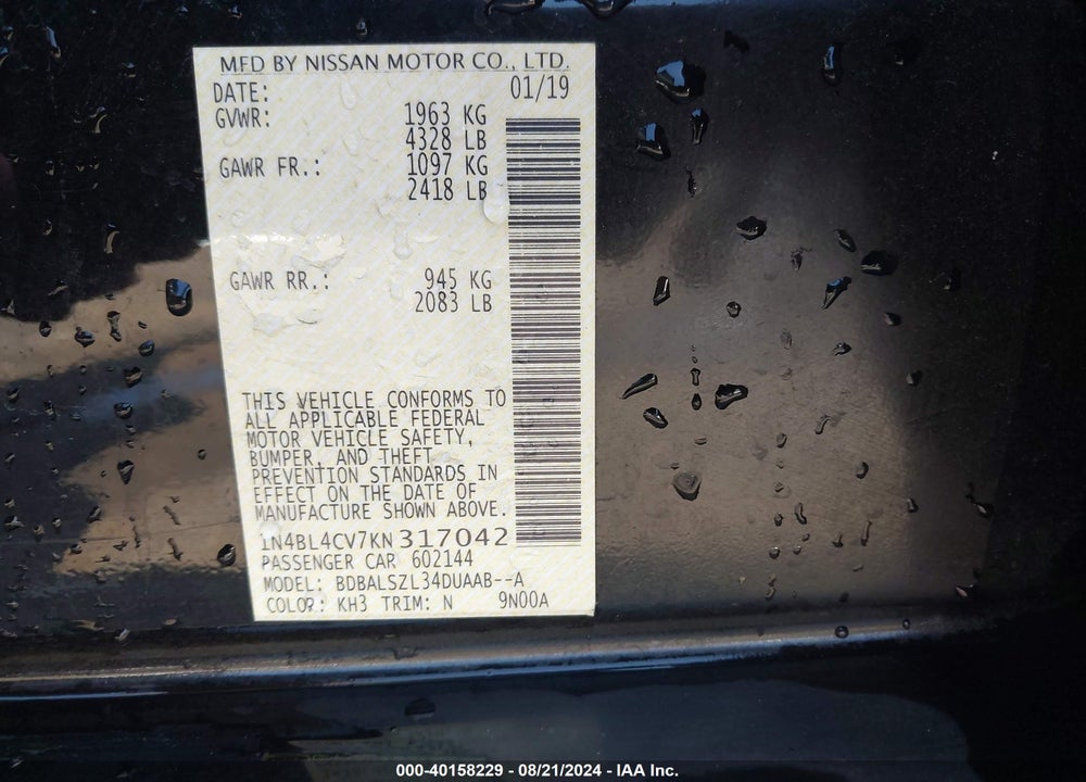 2019 NISSAN ALTIMA 2.5 SR VIN: 1N4BL4CV7KN317042