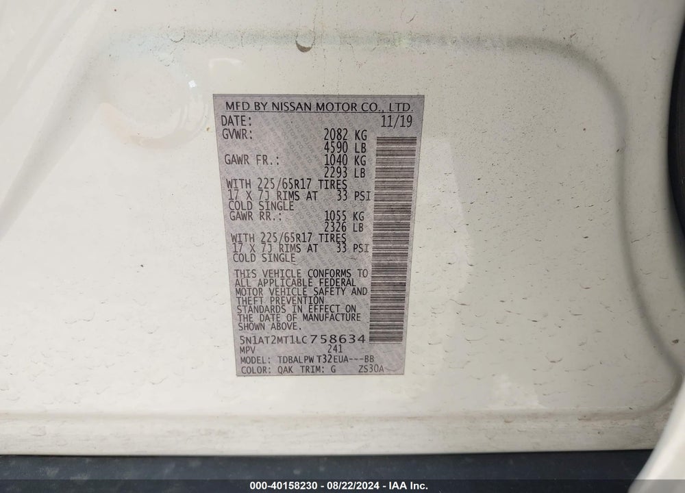 2020 NISSAN ROGUE S FWD VIN: 5N1AT2MT1LC758634