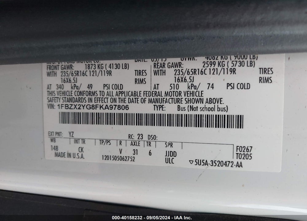 2015 FORD TRANSIT-350 XLT VIN: 1FBZX2YG8FKA97806