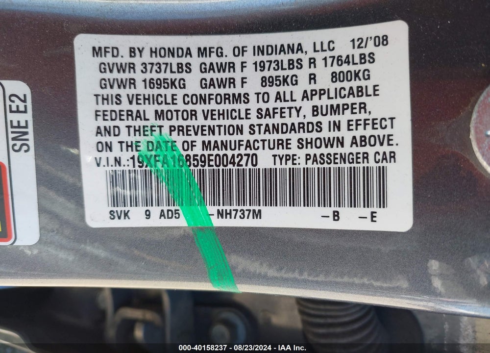 2009 HONDA CIVIC EX VIN: 19XFA16859E004270