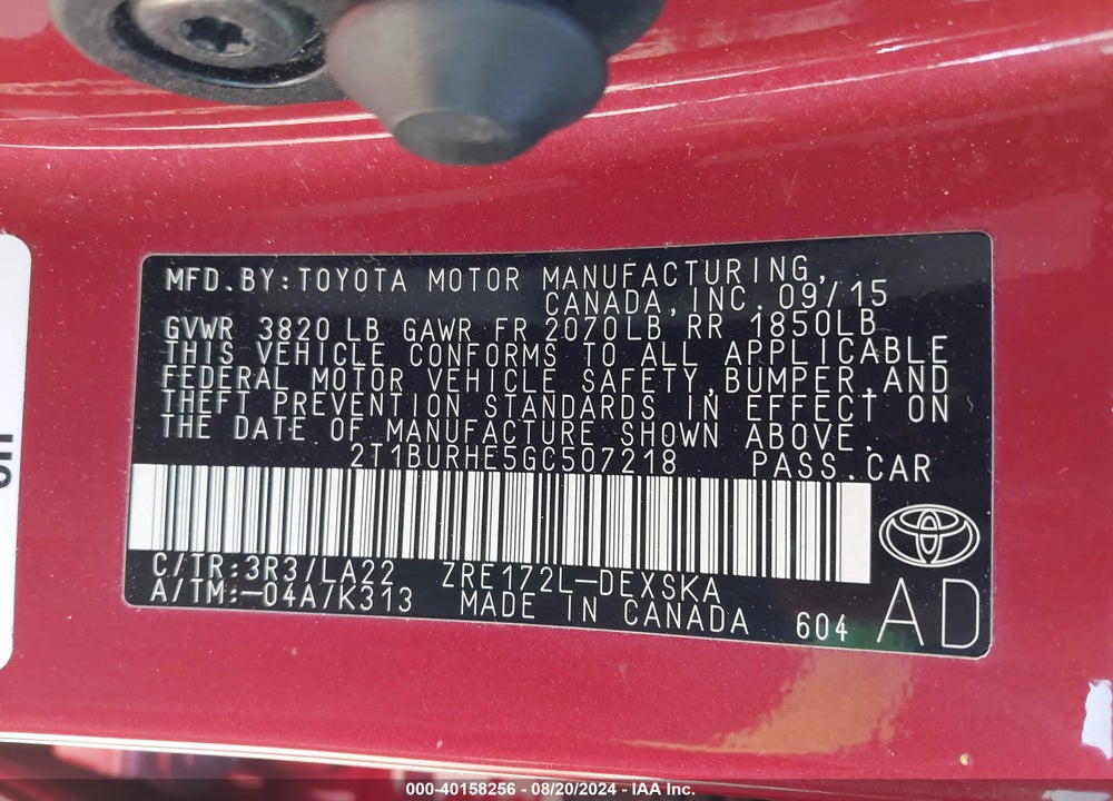 2016 TOYOTA COROLLA S PREMIUM VIN: 2T1BURHE5GC507218