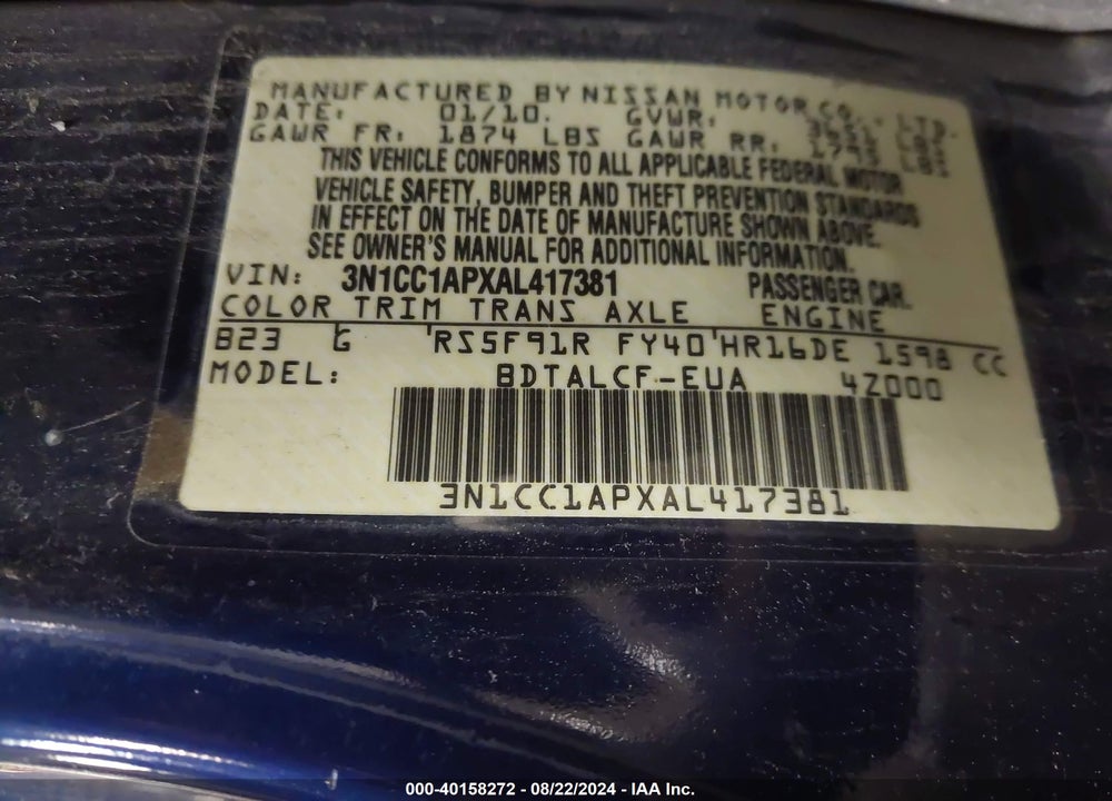 2010 NISSAN VERSA 1.6 VIN: 3N1CC1APXAL417381