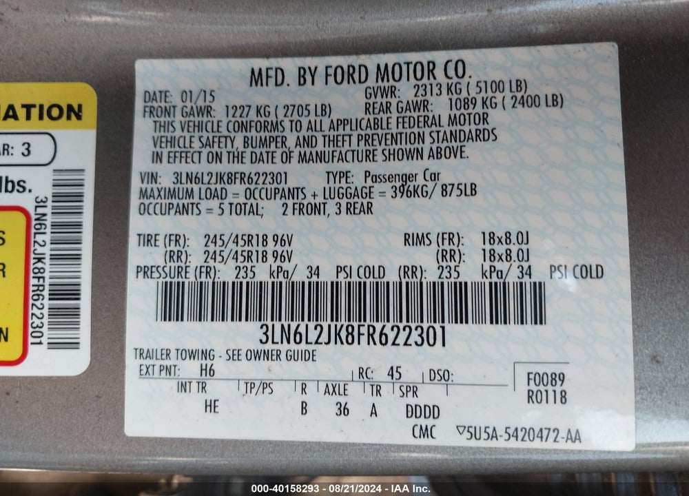 2015 LINCOLN MKZ VIN: 3LN6L2JK8FR622301