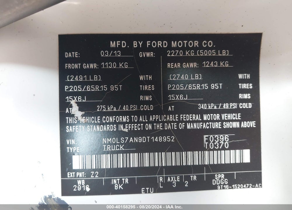 2013 FORD TRANSIT CONNECT XL VIN: NM0LS7AN9DT148952