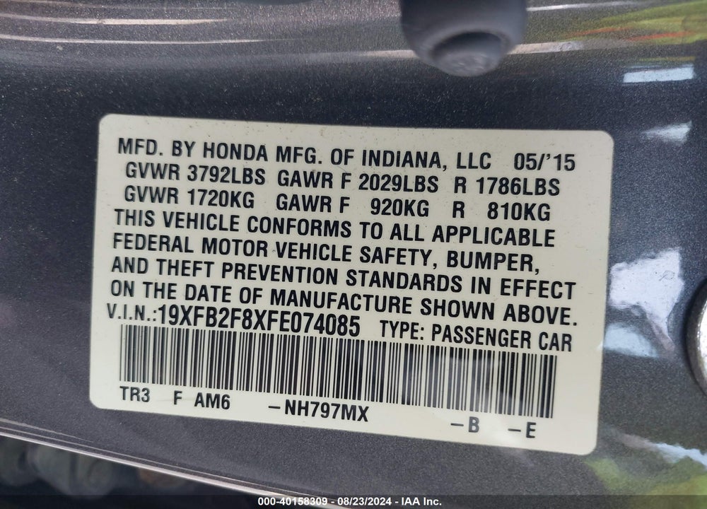 2015 HONDA CIVIC EX VIN: 19XFB2F8XFE074085