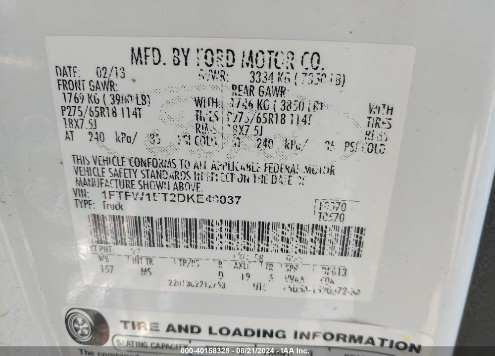2013 FORD F-150 XLT VIN: 1FTFW1ET2DKE40037