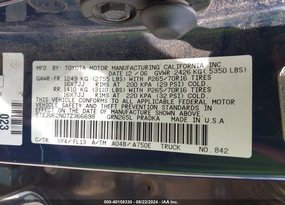 2007 TOYOTA TACOMA VIN: 5TEJU62N07Z366698