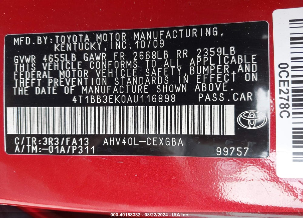 2010 TOYOTA CAMRY HYBRID VIN: 4T1BB3EK0AU116898