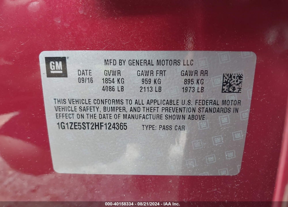 2017 CHEVROLET MALIBU 1LT VIN: 1G1ZE5ST2HF124365