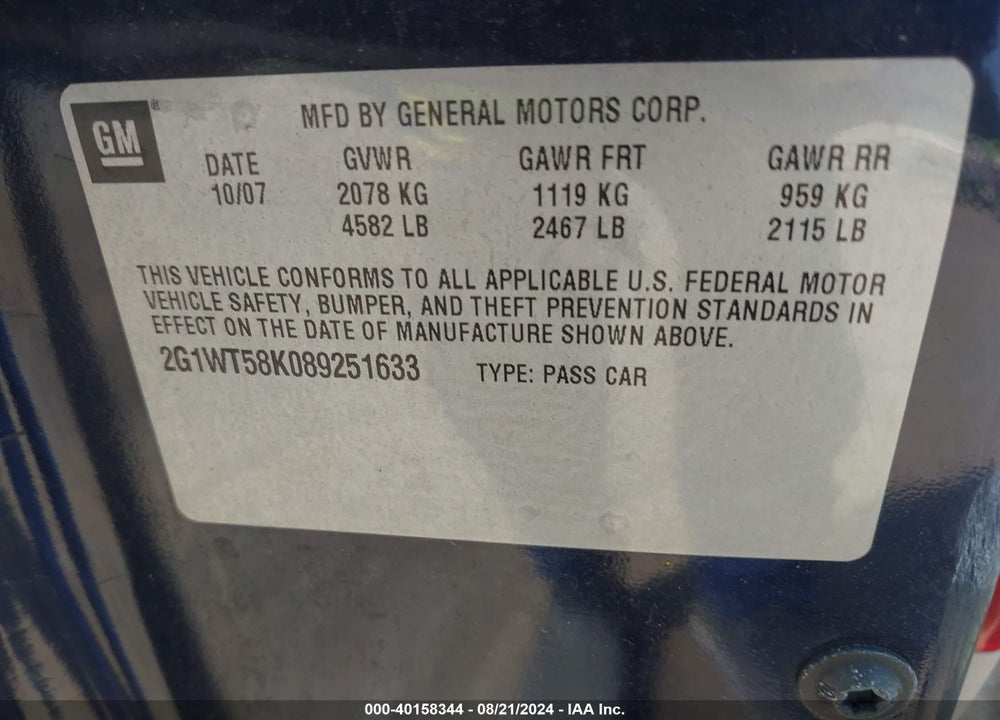 2008 CHEVROLET IMPALA LT VIN: 2G1WT58K089251633