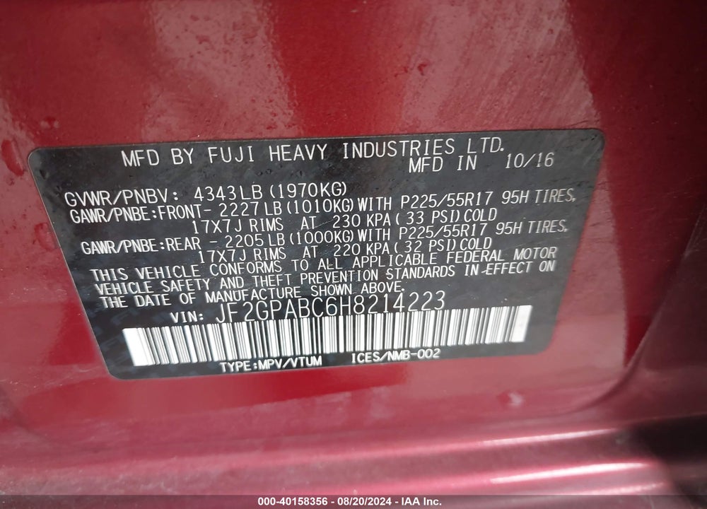 2017 SUBARU CROSSTREK 2.0I PREMIUM VIN: JF2GPABC6H8214223