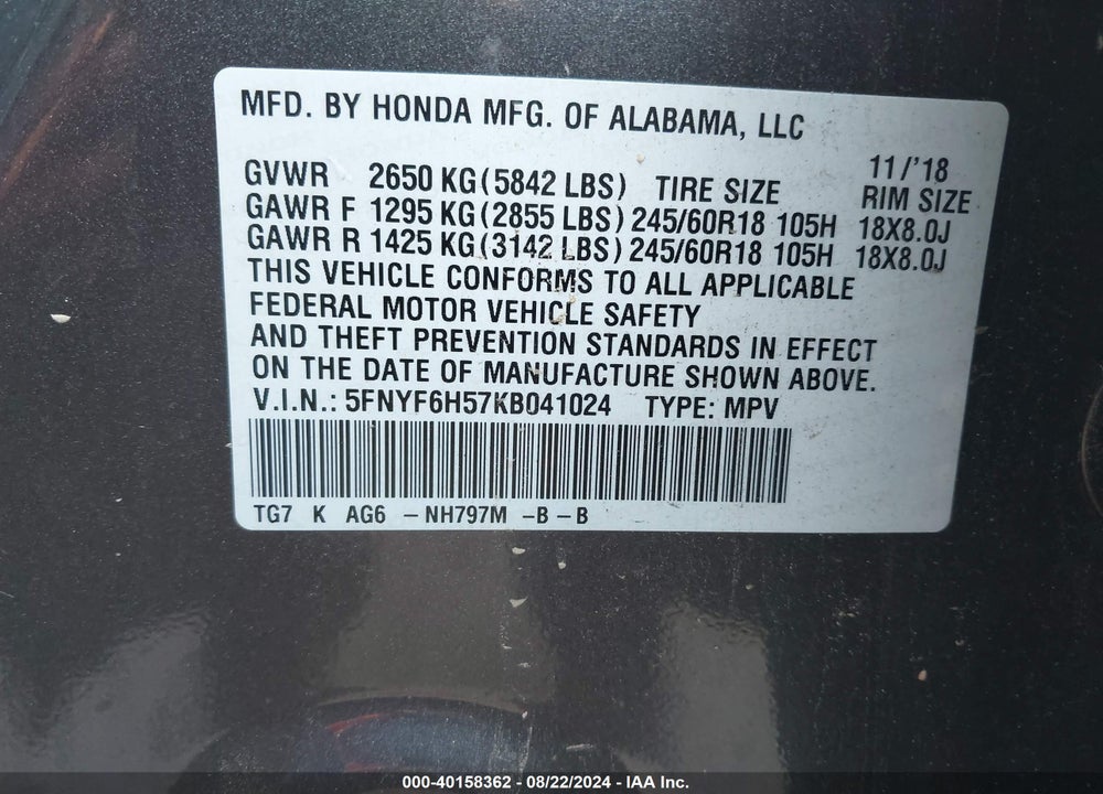 2019 HONDA PILOT EX-L VIN: 5FNYF6H57KB041024
