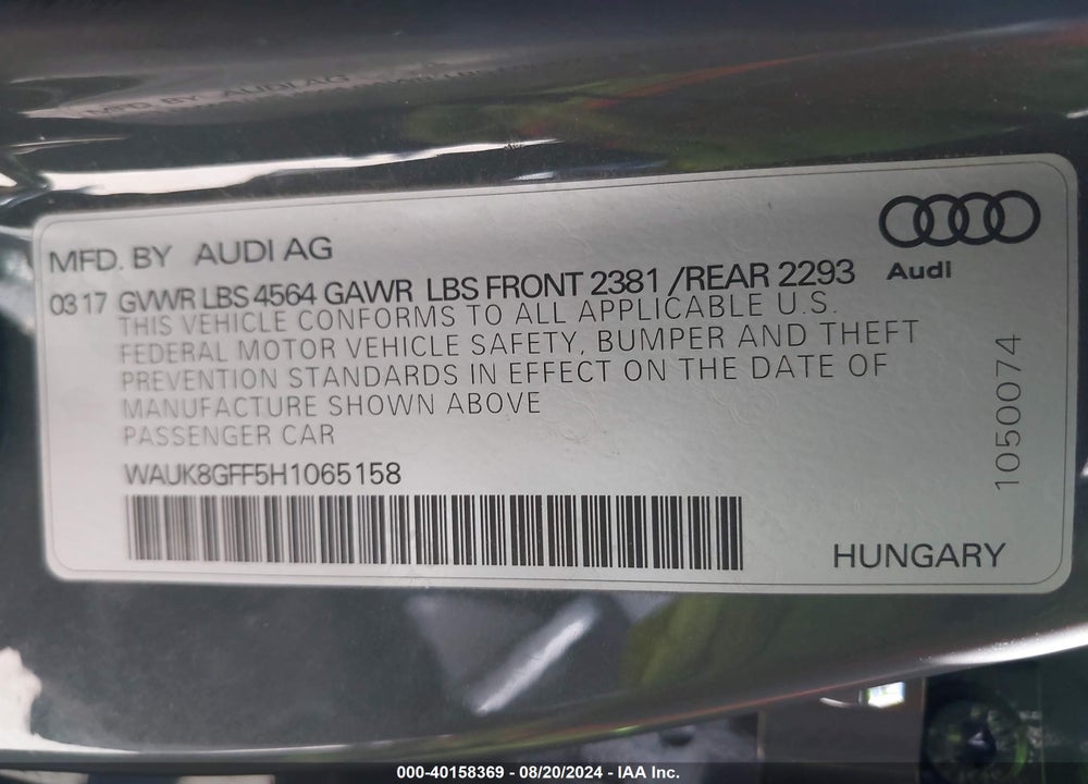 2017 AUDI A3 2.0T PREMIUM VIN: WAUK8GFF5H1065158